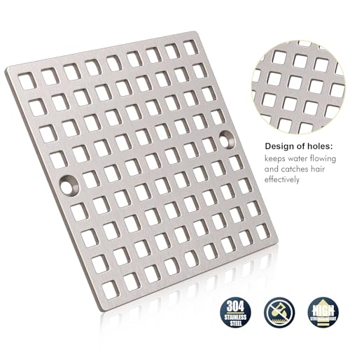3-7/8" Brushed Nickel Square Shower Drain Cover for Floor Drain | Square Floor Drain Cover Replacement, SUS304 Stainless Steel Hair Catcher, Drain Strainer for Bathroom Shower & Kitchen Floor