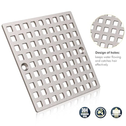 3-7/8" Brushed Nickel Square Shower Drain Cover for Floor Drain | Square Floor Drain Cover Replacement, SUS304 Stainless Steel Hair Catcher, Drain Strainer for Bathroom Shower & Kitchen Floor