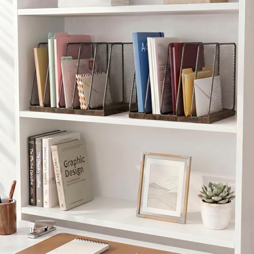 5-Section Vertical File Organizer for Desk, Sturdy Wood Base & Metal Mesh Desktop File Holder, Upright Paper Folder Sorter for Office Supplies（Rustic Brown）