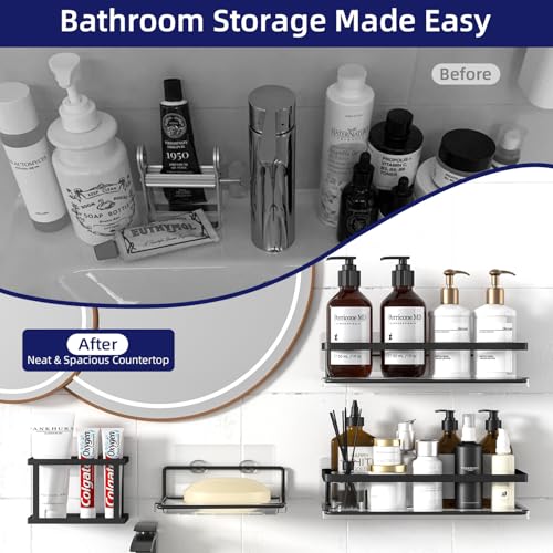 Epicano Adhesive Shower Caddy, 5 Pack Rustproof Stainless Steel Bathroom Shelves, No Drilling Wall Mount Clear Shower Organizer, Large Capacity Storage for Bathroom,Kitchen,Dorm and RV, Black