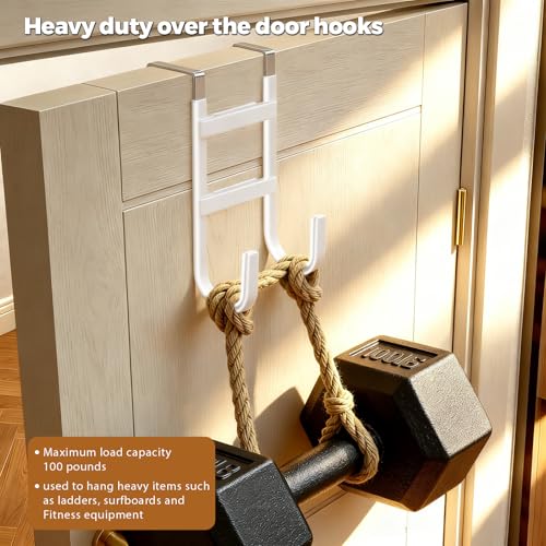 BAKON Over-the-Door Hooks, 2 Pack Heavy Duty Door Hanger with Anti-Scratch Rubber for Hanging Coat Towel Bag, Fits 1-3/8" Interior Doors, Suitable for Bathroom LivingRoom Bedroom and Kitchen, White