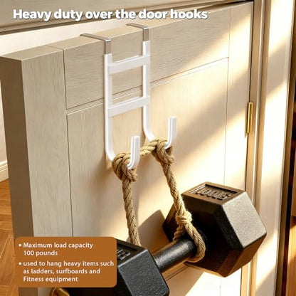 BAKON Over-the-Door Hooks, 2 Pack Heavy Duty Door Hanger with Anti-Scratch Rubber for Hanging Coat Towel Bag, Fits 1-3/8" Interior Doors, Suitable for Bathroom LivingRoom Bedroom and Kitchen, White