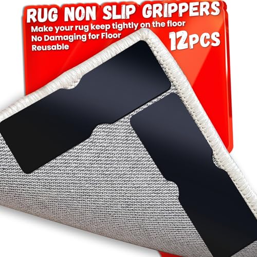Rug Non Slip Grippers, Reusable Rug Tape Pads for Hardwood Floors, Laminate Floor, Tiles, No Residue on Flooring, Corner Grippers Carpet Tape for Area Rugs, Keep Corners Flat (12)