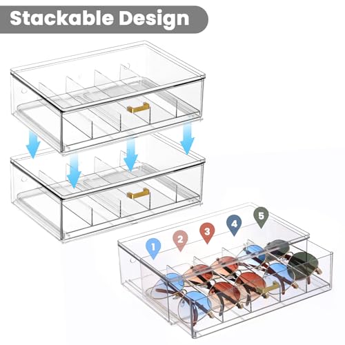 LALOBLUE Clear Acrylic Sunglasses Organizer, Stackable Eyeglass Storage Case with Gold Handles, Glasses Display Holder