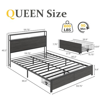 Lifezone Queen Bed Frame with 2-Tier Storage Headboard, Bedroom Metal Bed Frame with 2 Storage Drawers & Fast-Charging Station & LED, Noise-Free, No Box Spring Needed, Easy Assembly, Rustic Grey