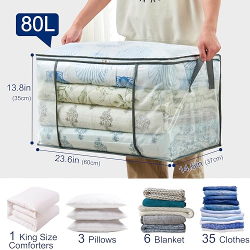80L Clear Large Storage Bag for Clothes Comforters Blankets Pillows Bedding | Foldable Organizer with Sturdy Handle and Zippers, Storage Containers for Organizing Closet, Bedroom, Underbed, Dorm