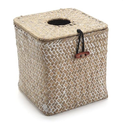 Seagrass Square Tissue Box Cover Woven Napkin Holder Decorative for Bathroom Farmhouse (Whitewash, 5.5 x 5.5 x 5.5 Inch)