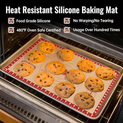 Silicone Baking Mat with 10 Recipes, Extra Thick Silicone Mats for Baking, Non Stick Pastry Mat for Rolling Dough, Silicone Macaron Baking Mat for Cookie,Bread,Pizza,Fondant Mat, Oven&Dishwasher Safe
