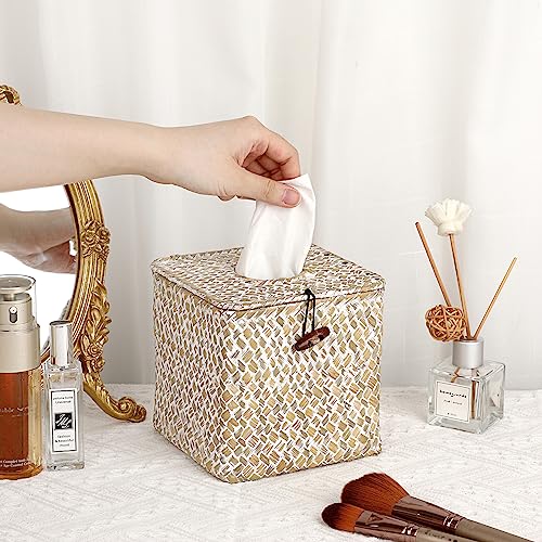 Sumnacon Tissue Box Cover Square Seagrass Tissue Box with Lid, Woven Tissue Box Holder Rustic Cube Tissue Cover for Bathroom Toilet Bedroom Living Room Kitchen Table Desk Office Car, Whitewash