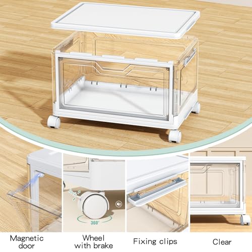 Kmiectse Clear Storage Bins with Lids - 4 Tier 23qt Plastic Stackable Bins | Closet Organizers Box for Bedroom, Living Room, 23 QT Folding Box with Magnetic door