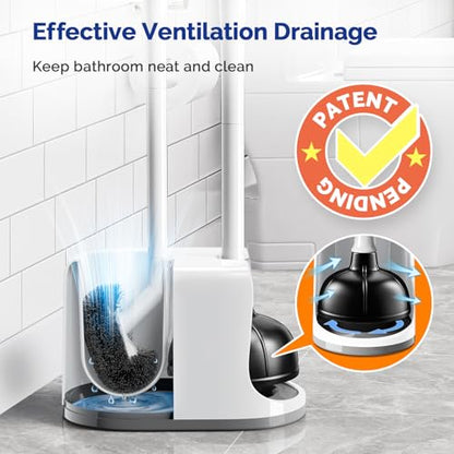 HAMITOR Toilet Plunger Brush Set: Curved Bristles Design for Deep Cleaning | Deep Cleaning Under Rim, Heavy Duty Rubber for Unclog- Compact Bathroom Cleaning Tools for New Homet Essentials - White