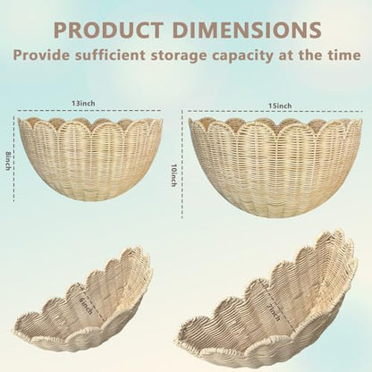 Scalloped Wall Basket, 2pcs Hand Woven Hanging Wicker Wall Baskets Set, Scalloped Rattan Wall Storage & Decor for Home, Bathroom, Kitchen, Living Room (16 x 12 x 7 & 14 x 8 x 6 Inch)