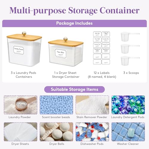 Lifewit Laundry Pods Container with Lid, 0.53+0.7gal, Natural, 4 Pcs | Dryer Sheet Holder, Laundry Room Organization Storage for Washing Powder, Scent Booster Beads, Coffee Pods Kcup