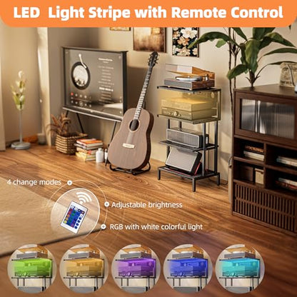 Game Console Shelf, 4-Tier Video Gaming Consoles Stand with Outlet & RGB Light, Small Media Entertainment Center for Audio Stereo Storage Organizer Playroom Furniture, Stereo Stands and Racks