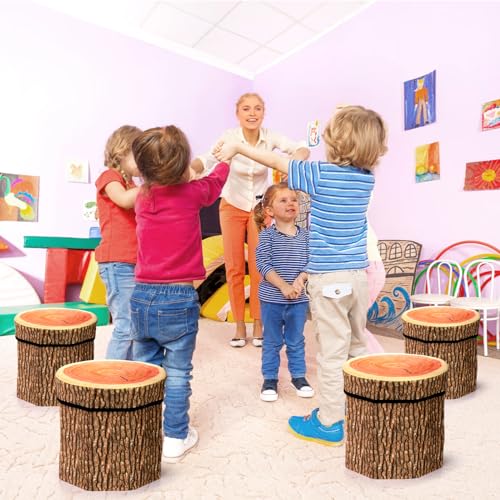 Lawei 3 Pack Tree Stump Storage Stools, 12 x 12 Inches Folding Stool Ottoman with Foam Cushion, Collapsible Storages Seat Chest, Vintage Storage Toy Box Wood Stump Organizer Stools for Toy