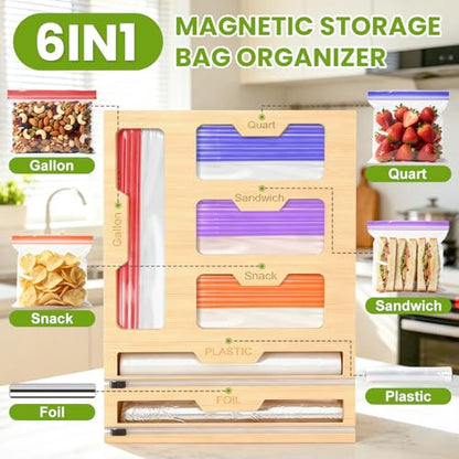6-in-1 Magnetic Food Bag Storage Organizer for Drawer and Refrigerator, Bamboo Bag Organizer and Plastic Wrap Dispenser with Cutter, Fits Gallon, Quart, Sandwich, Snack Bags