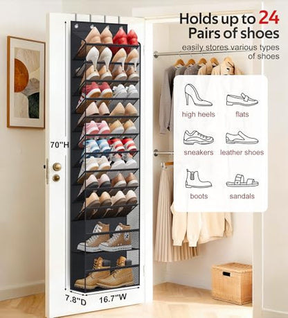 12 Tier Over the Door Shoe Organizer for Closet, Holds 24 Pairs Hanging Shoe Rack for Door with Mesh Pockets, Narrow Shoe Holder Hanger for Sneakers, Boots (Black)