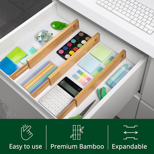 Bamboo Drawer Dividers Organizers, Adjustable Drawer Separator Splitters, 17–22 Inches Expandable Drawer Divider Organizer for Large Utensils, Kitchen, Bedroom, Dresser & Office Drawers 4-Pack