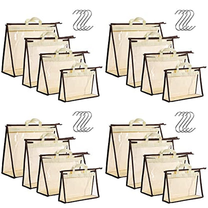 16 Pack Clear Handbag Storage Organizer with 16 Stainless Steel S-Hooks, 4 Assorted Sizes, Anti-Dust Moisture-Proof Purse Storage Bags with Zipper and Handle for Closet Hanging, Wallet Dust Cover Set