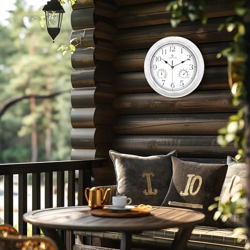 Lafocuse 12 Inch White Outdoor Wall Clocks with Temperature and Humidity | Waterproof Outdoor Clocks with Thermometer and Hygrometer Combo for Patio Porch Pool Outside Indoor Garage Bathroom Kitchen