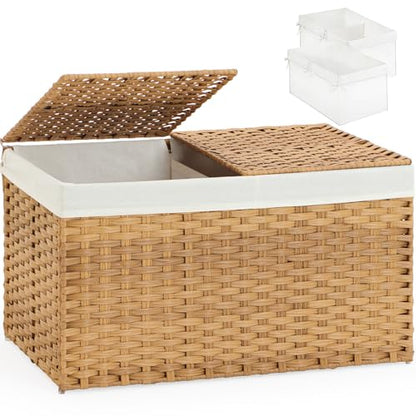Storage Basket with Lid Rattan Woven Storage Baskets with 2 Separate Lids, 17.2 Gallon (65 L), 22 x 13 x 13.8 Inches,Foldable, 2 Removable Liner Bags Handles for Bedroom, Laundry Room Natural