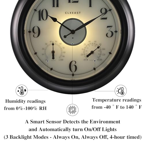 18 Inch Large Illuminated Outdoor Clocks Waterproof, Bronze Black | Built In Adjustable Thermometer & Hygrometer, IP65 Weatherproof, Accurate & Easy to Read for Patio,Pool & Home Decor