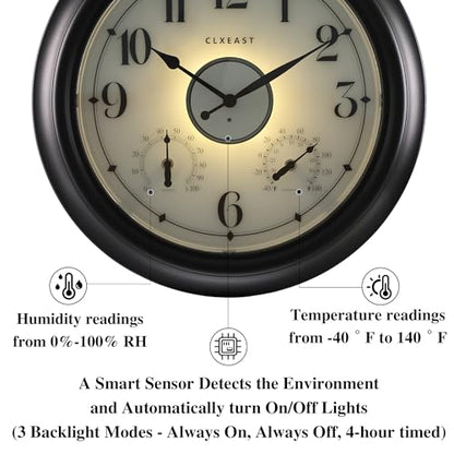 18 Inch Large Illuminated Outdoor Clocks Waterproof, Bronze Black | Built In Adjustable Thermometer & Hygrometer, IP65 Weatherproof, Accurate & Easy to Read for Patio,Pool & Home Decor