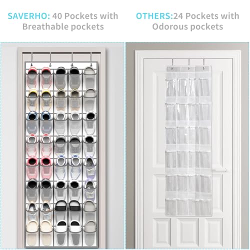 SAVERHO 40 Large Pockets Over the Door Shoe Organizer,Space-Saving Mesh Hanging Shoe Rack for Door Shoe Holder, Large Size 76.4" x 27.5" Ideal for Closet & Door Storage (White, 40 Pockets)