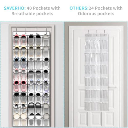 SAVERHO 40 Large Pockets Over the Door Shoe Organizer,Space-Saving Mesh Hanging Shoe Rack for Door Shoe Holder, Large Size 76.4" x 27.5" Ideal for Closet & Door Storage (White, 40 Pockets)