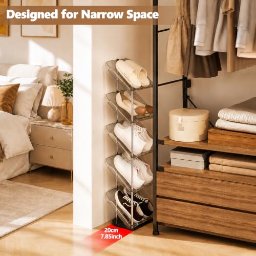 Patinao Sloping Narrow Shoe Rack 5 Tiers - Free Standing Vertical Shoes Racks for Small Spaces and Corner, Shoe Storage Organizer for Entryway, Tall Slim Shoe Shelf Cabinet for Shoes and Boots