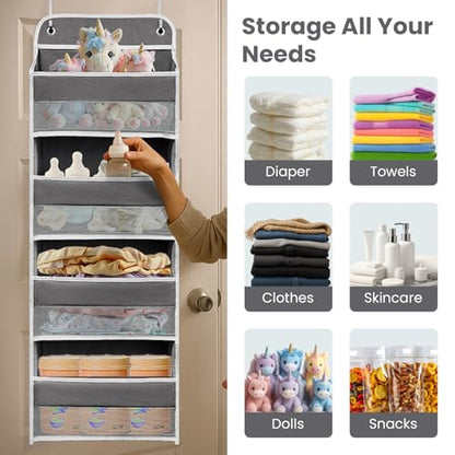 Over The Door Organizer 4 Shelves & 4 Side Pockets, Large Storage Rack | Anti-Tilt Hanging Door Storage for Closet, Heavy-Duty Mesh Shelf for Bathroom Closet Toy Organization Shoes Towels, Grey