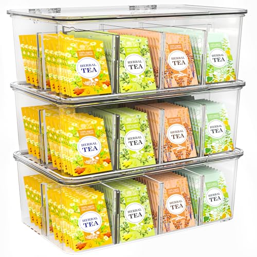 Tea Bag Organizer with Lids, Stackable Tea Box, 3... (Clear | Plastic)