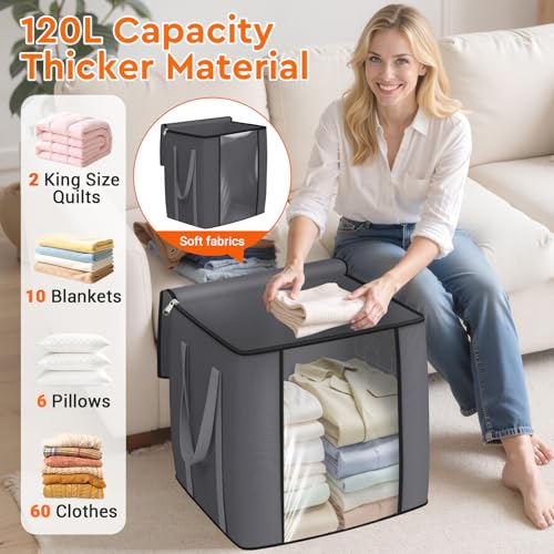 120L Extra Large Blanket Clothes Storage Bags, Gray, 1 Pack | Foldable Blanket Storage and Organization, Thick Fabric Containers with Reinforced Handles & Zippers for Comforters, Bedding