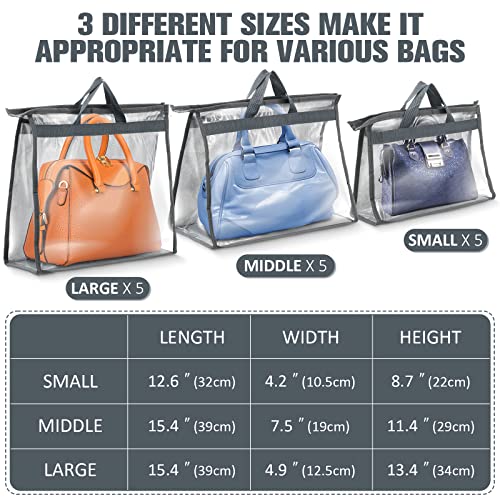 Shappy 15 Pcs Purse Dust Bag for Storage Handbags, 3 Sizes Storage Clear Cover Organizer for Closet Purses Dust Bags with Zipper and Handles Dorm Room Handbags, 5 Each Size(Gray)