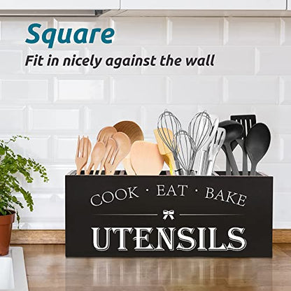 Extra Large Utensil Holder Countertop for Kitchen Counter,Wood,Black | Hold 40 Utensils,4 Removable Divider,Rutic Silverware Organizer Caddy,Spacesaving,Farmhouse Cooking Crock for Spatula,Spoon