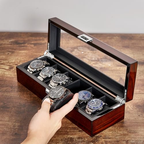 BEWISHOME Watch Box, 6 Slot Wooden Watch Cases for Men with Large Glass Lid | Men's Watch Box, Watch Storage Organizer, Watch Display Case, Watch Holder Removable Watch Pillows, Brown SSH06Y