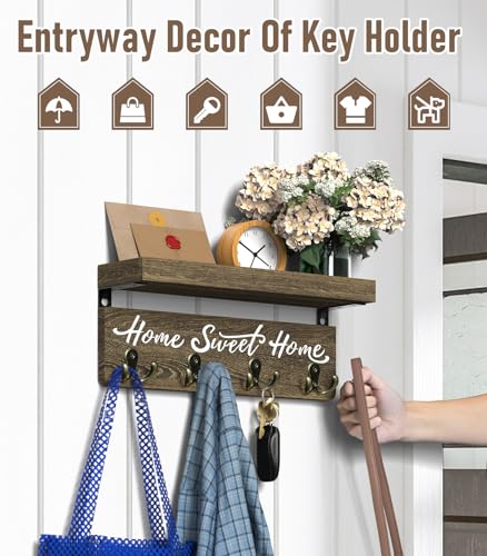 buways Key Holder Wall Mount with 8 Hooks and Cozy Home Sign (Brown) | Solid Wood, Floating Shelf for Keys, Mail, and Daily Essentials in Entryways, Hallways or Home Decor
