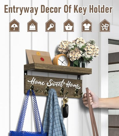 buways Key Holder Wall Mount with 8 Hooks and Cozy Home Sign (Brown) | Solid Wood, Floating Shelf for Keys, Mail, and Daily Essentials in Entryways, Hallways or Home Decor