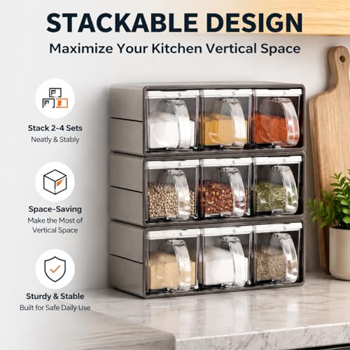 3 Grids Seasoning Organizer Box, Stainless Steel Salt Container with Lid and Spoon, Seasoning Containers with Stainless Steel Rack for Home, Kitchen, Cafe, Storing Salt, Sugar, Pepper, Spice