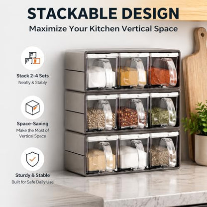 3 Grids Seasoning Organizer Box, Stainless Steel Salt Container with Lid and Spoon, Seasoning Containers with Stainless Steel Rack for Home, Kitchen, Cafe, Storing Salt, Sugar, Pepper, Spice