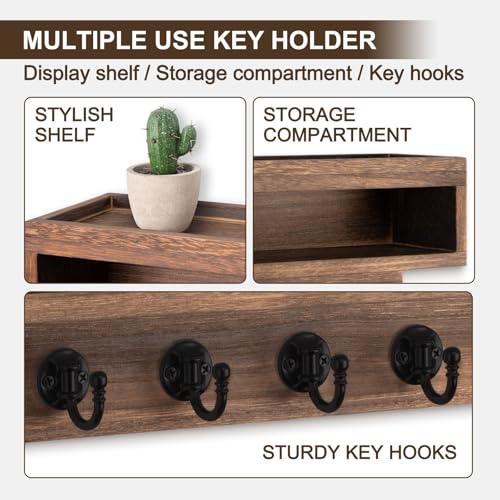 Key and Mail Holder Wall Mount, Key Hanger with Long Storage Box and 6 Hooks for Coat, Dog Leash, Home Decor Rack, House Accessories, Entry Way Organizer (Brown)
