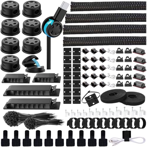 328Pcs Cable Management Kit, 8 Magnetic Cable Holder 69 Cable Clips | 4 Cable Sleeve Split,22Reusable Cable Strap,200 Nylon Cable Zip Ties ,25 Mounts TV Office,Nontoxic,Extra Strong Durable