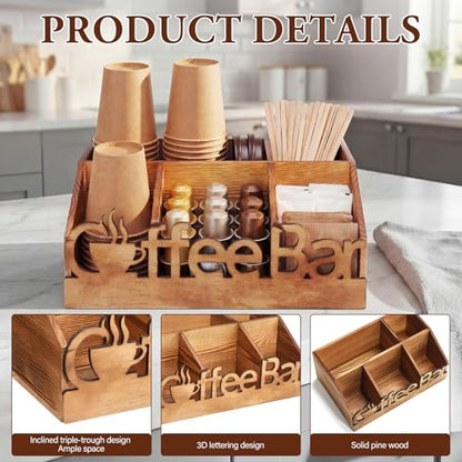 Coffee Station Organizer for Counter Wood Countertop Accessories Organizer Coffee Pods Holder Storage Basket for Pods Condiment Syrup Tea Cups Stirrers for Rustic Bar Decoration(Natural)