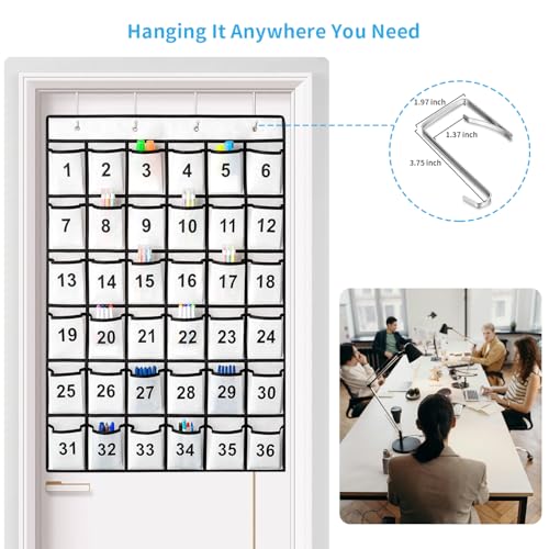 SAVERHO 36 Pockets Numbered Classroom Pocket Chart for Cell Phones, Hanging Pocket Chart Storage for Classroom Phone Calculator Holder with 4 Stainless Steel Hooks (White-36pockets)