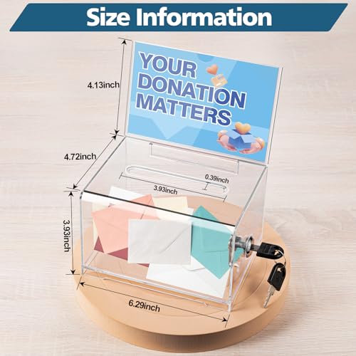Clear Donation Box with Lock - Secure Ballot Box with Removable Sign Holder 2 Keys - for Money, Cards, Votes, Tickets, Feedback Collection (4.75"D x 6.29"W x 8"H)