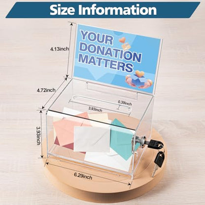 Clear Donation Box with Lock - Secure Ballot Box with Removable Sign Holder 2 Keys - for Money, Cards, Votes, Tickets, Feedback Collection (4.75"D x 6.29"W x 8"H)