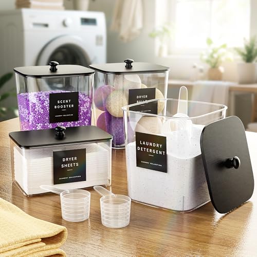 4 Pack Laundry Pods Container, Clear Laundry Room Organization Containers Essentials, Large Detergent Powder Storage Containers Black Wooden Lids & Labels Signs, Home Acrylic Laundry Pods Holder