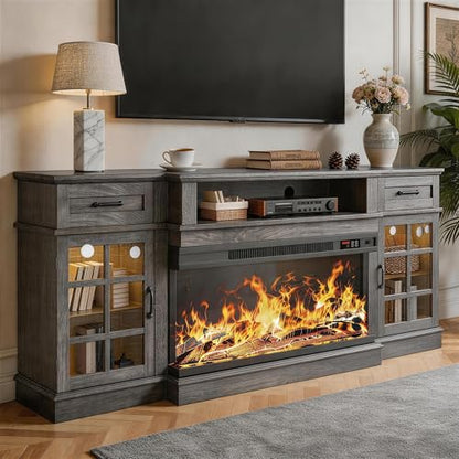 MXV 70" Fireplace TV Stand, 3-Sided Glass Fireplace and Modern Entertainment Center, Wooden Media Console with Glass Doors & Storage Drawers, LED Light, for Living Room, Grey