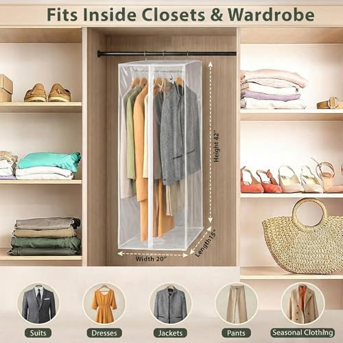 Garment Bags for Hanging Clothes, 42" Long, Dust Protection, Seasonal Clothing Storage, Protects Dresses, Suits & Jackets, Strong Zipper