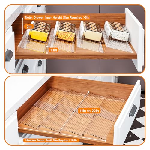 8 Pack Adjustable In Drawer Spice Organizer - Expandable From 11'' to 22'' - Acrylic Drawer Seasoning Organizer,Clear Spice Organization Tray for Cabinet Drawers Condiment,Nail Polish and Jar